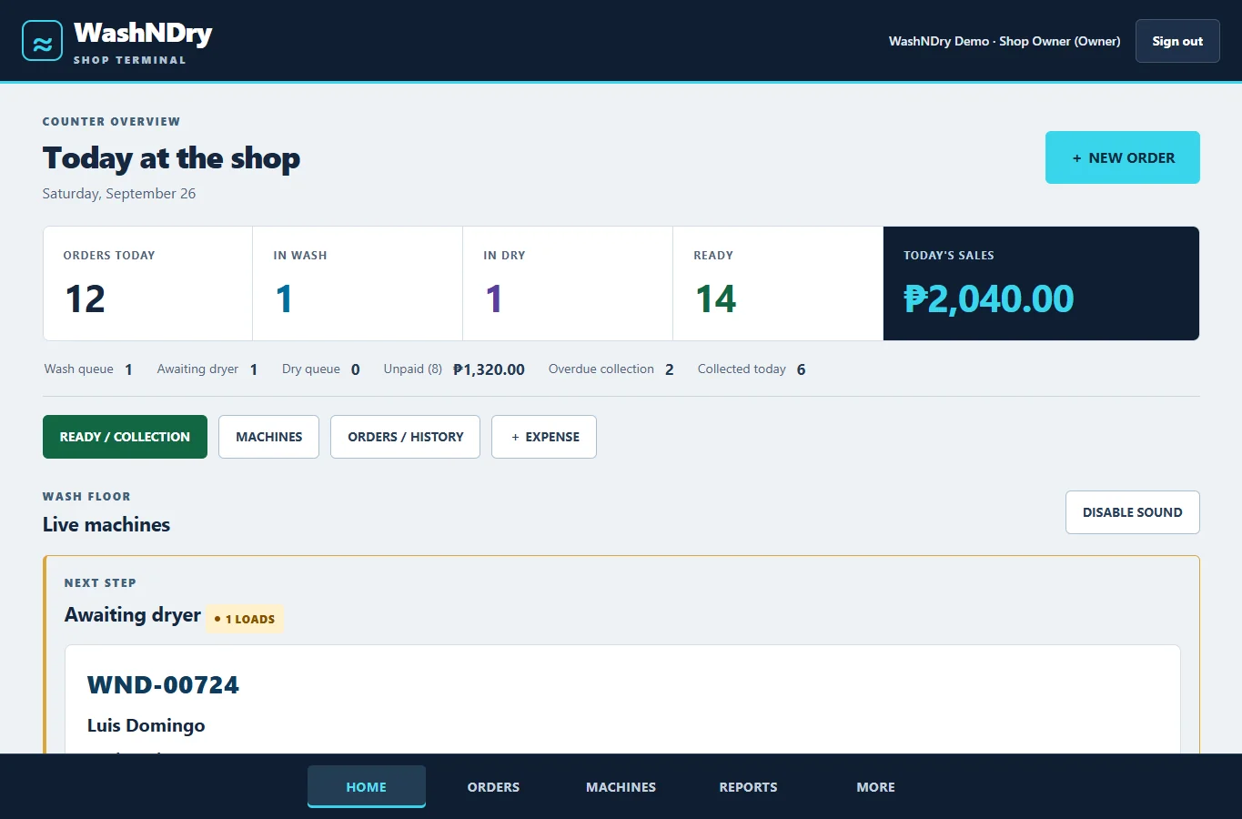 WashNDry Owner dashboard showing daily shop activity