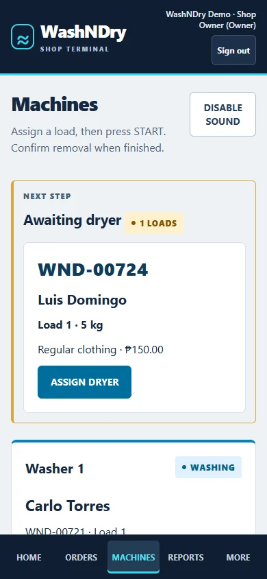 WashNDry mobile machine workflow screen