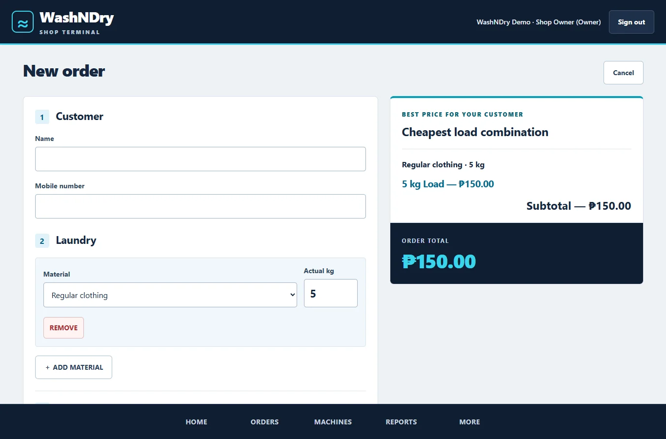 WashNDry New Order screen with customer, laundry, price, and payment fields