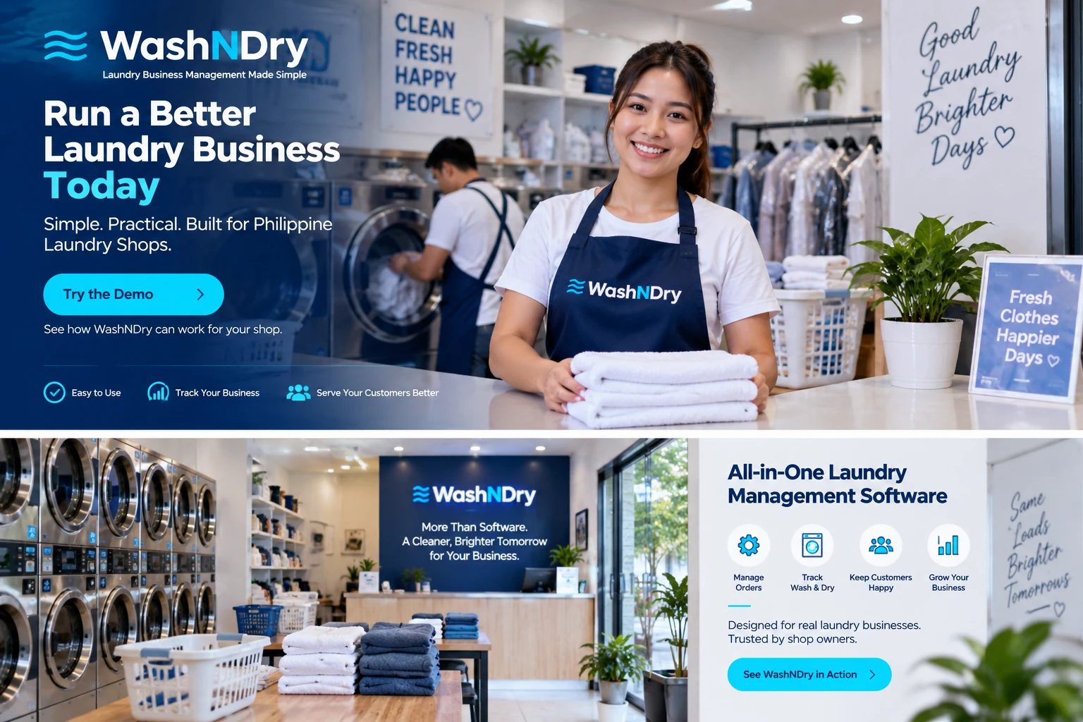 WashNDry promotional artwork showing a modern Philippine laundry shop and its business-management benefits